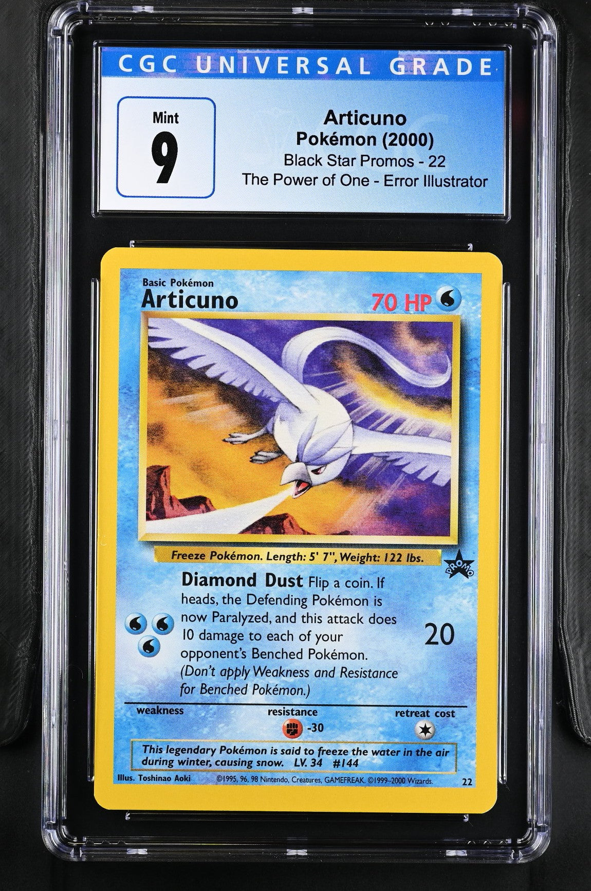 2000 POKEMON BLACK STAR PROMO, THE POWER OF ONE, ERROR ILLUST. ARTICUNO CGC 9