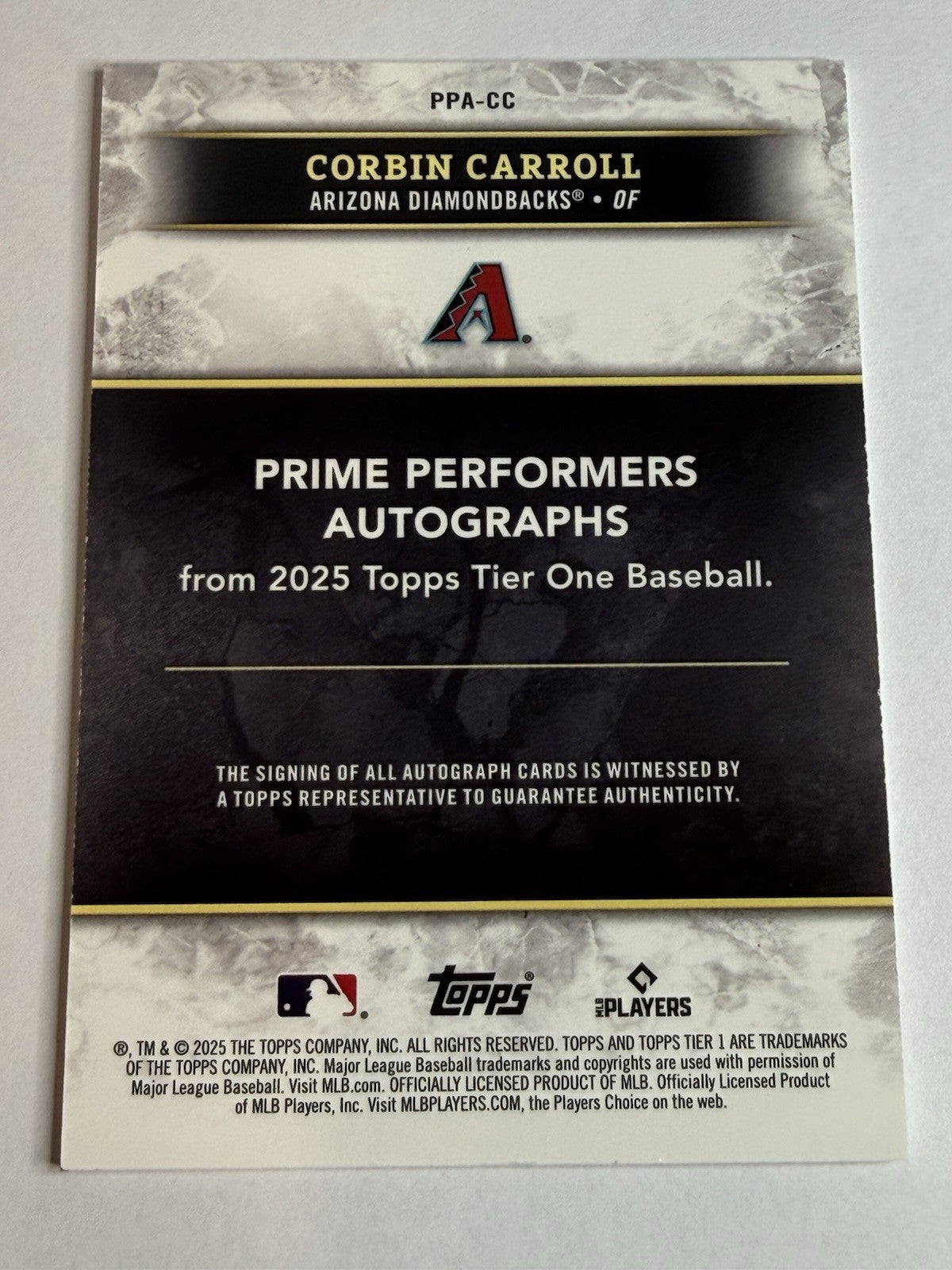 2025 Topps Tier One Corbin Carroll Prime Performers Auto /199 On Card Dbacks