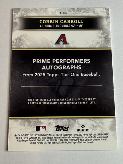 2025 Topps Tier One Corbin Carroll Prime Performers Auto /199 On Card Dbacks